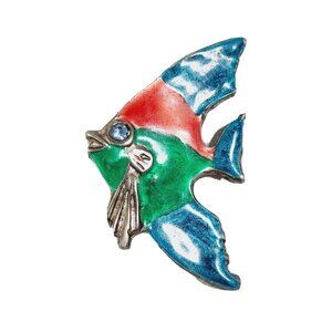 Tropical Fish Pin Brooch Silver Enamel Multicolor rhinestones green blue red 1"